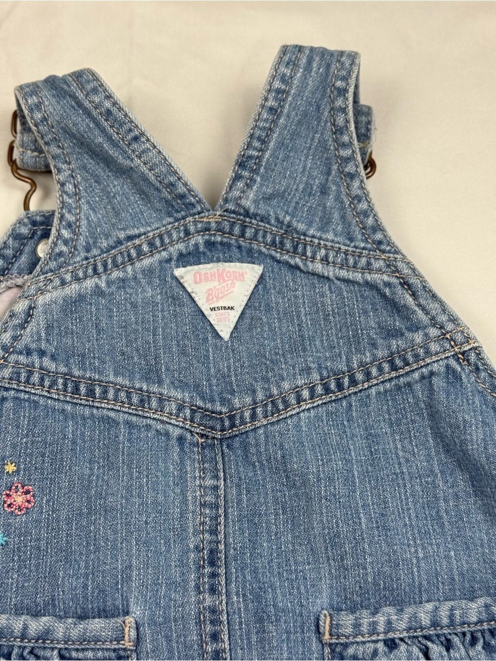 VTG OshKosh B'gosh Denim Overall Skirt Girls 12 Months Floral Heart Detail - Picture 6 of 8